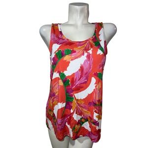 Chico's Top Women's Sz M (1) Orange Pink Floral Leaf Print Scoop Neck Sleeveless